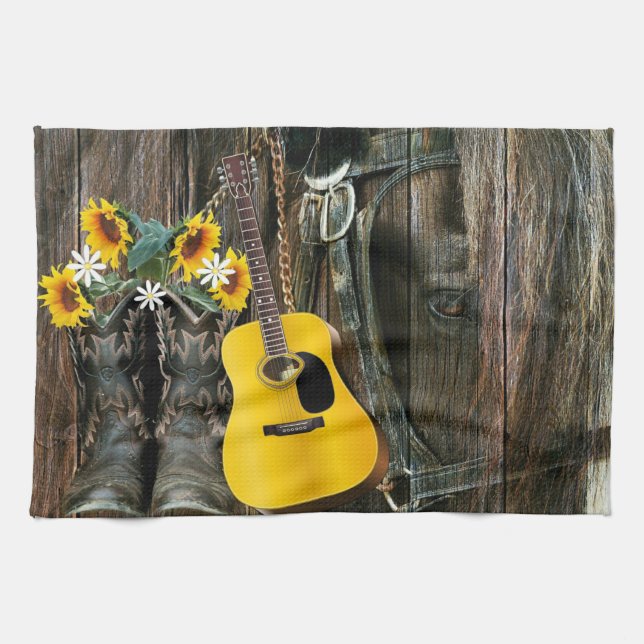 Western Horse Cowboy Stiefel Gitarre Sonnenblumen Geschirrtuch (Horizontal)