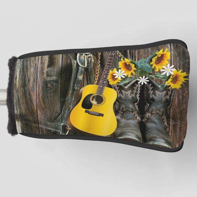 Western Horse Cowboy Stiefel Gitarre Sonnenblumen Golf Headcover (Vorderseite)
