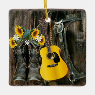 Western Horse Cowboy Stiefel Gitarre Sonnenblumen Keramikornament