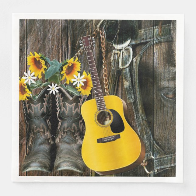 Western Horse Cowboy Stiefel Gitarre Sonnenblumen Serviette (Vorderseite)