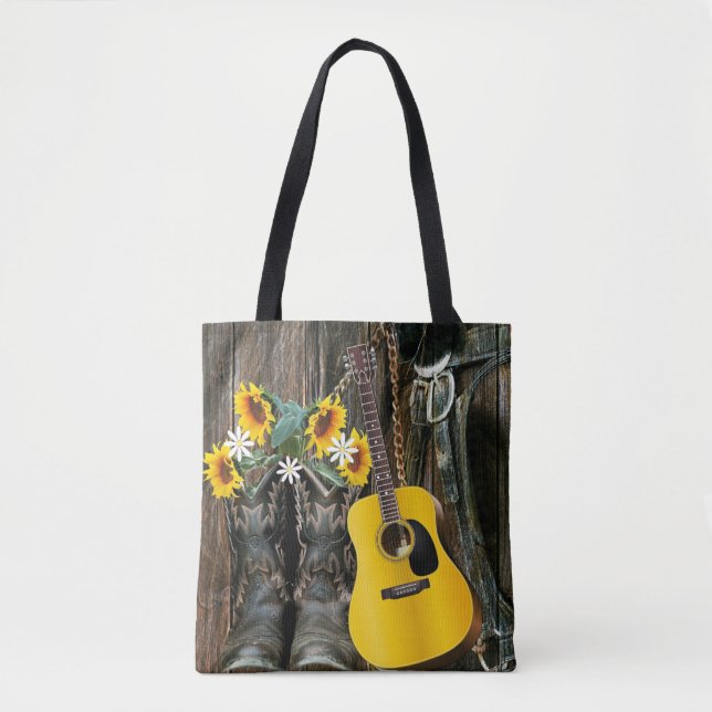 Western Horse Cowboy Stiefel Gitarre Sonnenblumen Tasche (Vorderseite)