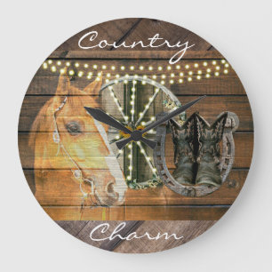 Western Horse Hufeisen Wagon Wheel Cowboy Boots Große Wanduhr