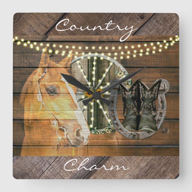 Western Horse Hufeisen Wagon Wheel Cowboy Boots Quadratische Wanduhr (Vorderseite)