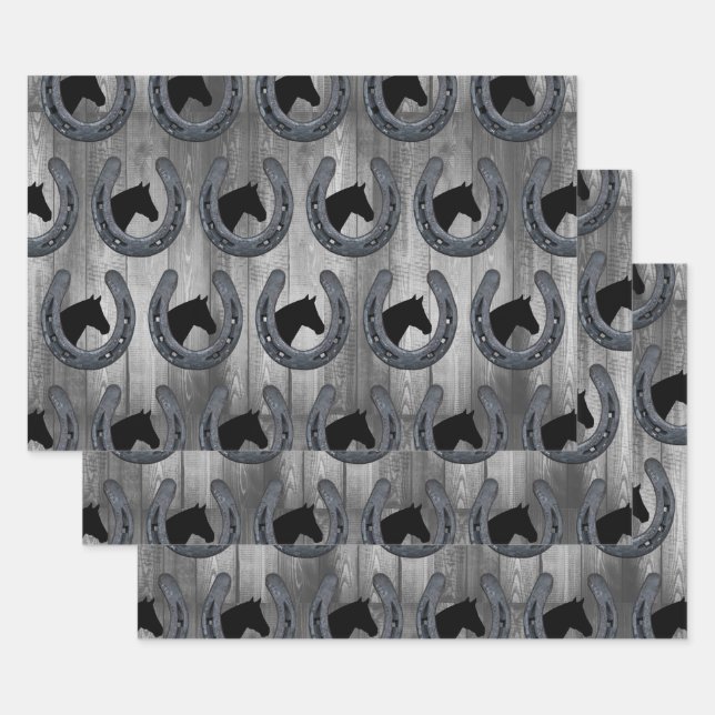 Western Horse Ranch Horseshoe & Grey Wood Planks Geschenkpapier Set (Set)