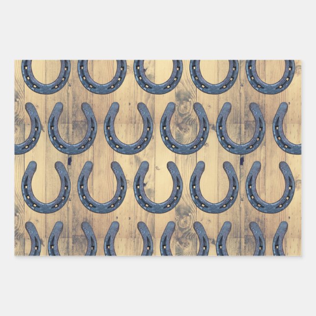Western Horseshoe & Barn Wood Planks Geschenkpapier Set (Vorderseite)