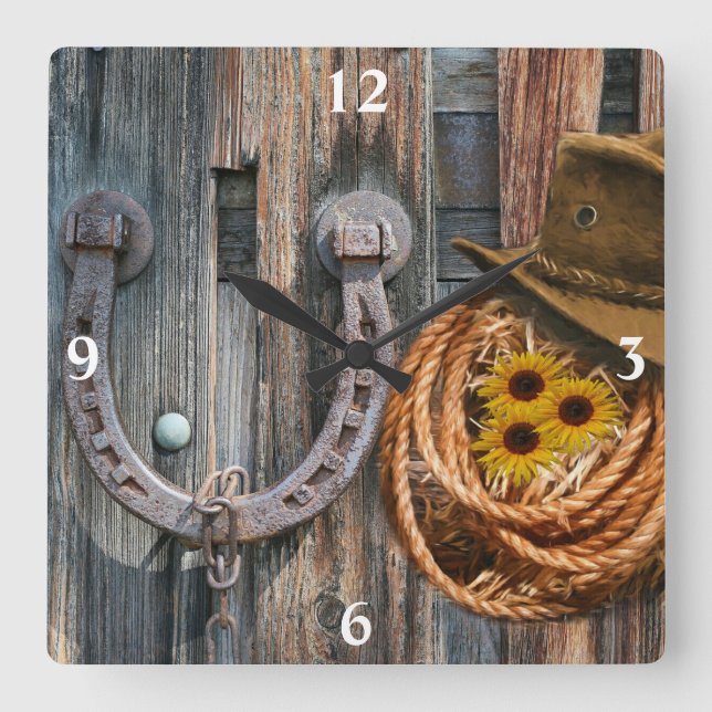 Western Horseshoe Cowboy Hat Lasso Square Wall Clo Quadratische Wanduhr (Vorderseite)