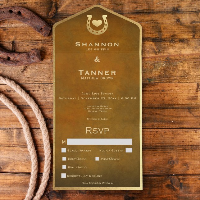 Western Horseshoe & Heart Brown & Gold Dinner All In One Einladung (Western Horseshoe & Heart Brown & Gold Dinner All In One Invitation)