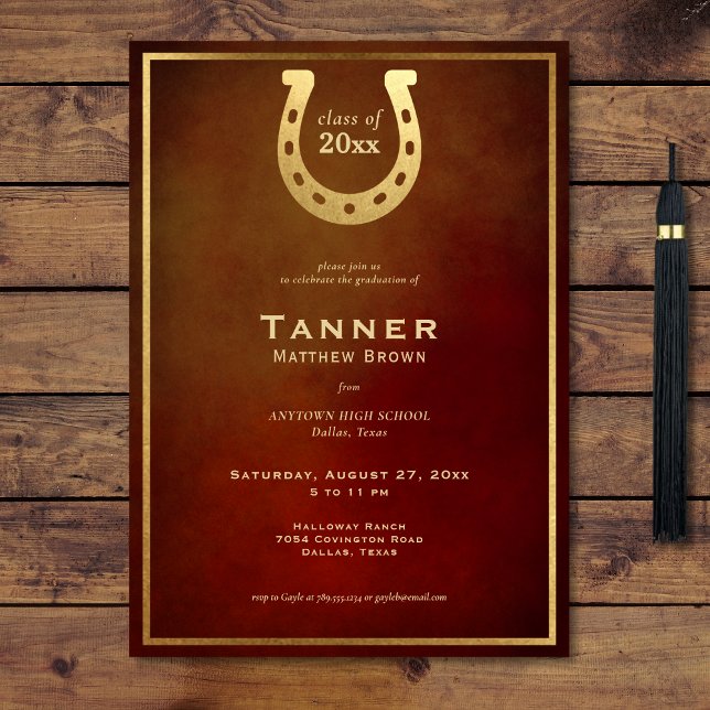 Western Horseshoe Leather Gold Graduation Party Einladung (Western Horseshoe Leather Gold Graduation Party Invitation)