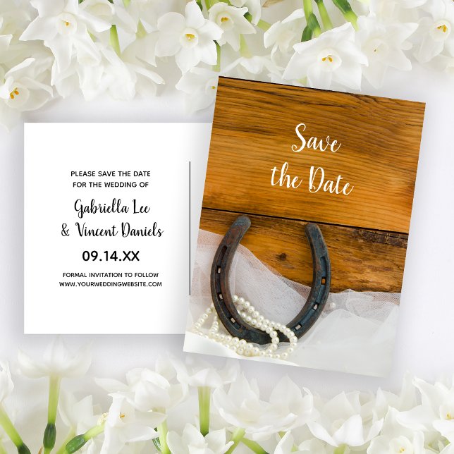 Western "Horseshoe und Perlen" Hochzeit Sichern Si Ankündigungspostkarte (Von Creator hochgeladen)