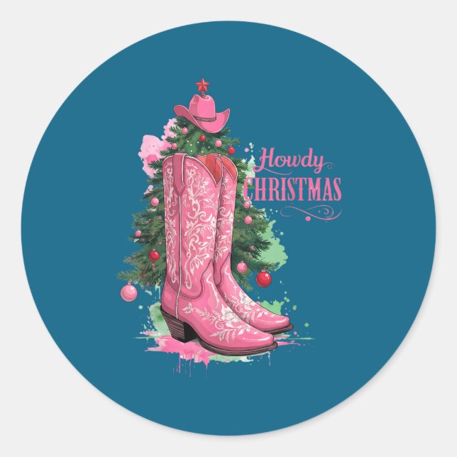 Western , Howdy Christmas And Tree, Nk Cowboy Boot Runder Aufkleber (Vorderseite)