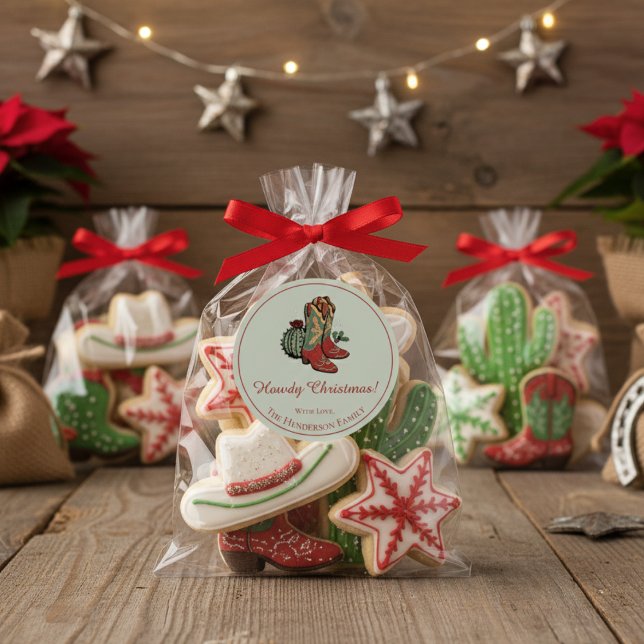 Western Howdy Christmas Red Cowgirl Boots Runder Aufkleber (Cute Howdy Christmas Round Southwest Holiday Sticker. Rustic Western Boots, Cactus & Red Holly Berry)