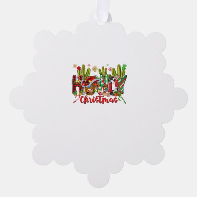 Western Howdy Weihnachtskuh Cowboy-Hut und Kaktus Ornament Karte (Vorderseite)