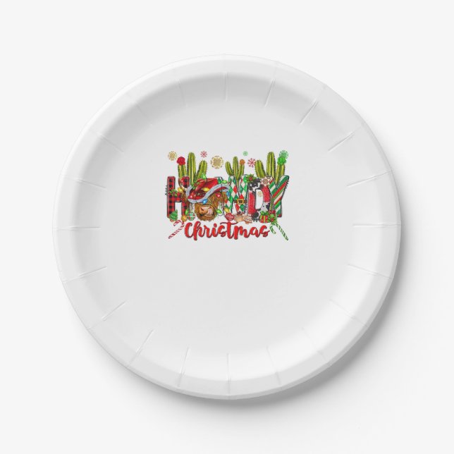 Western Howdy Weihnachtskuh Cowboy-Hut und Kaktus Pappteller (Vorderseite)