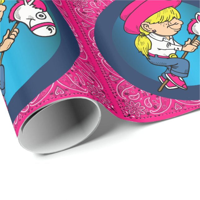 Western Kleines Cartoon Cowgirl auf Stick Pferd Geschenkpapier (Rolleneckpunkt)