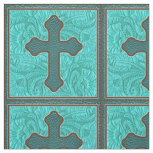 Western Kreuz Aquamarine und braune Imitate Lederg Stoff