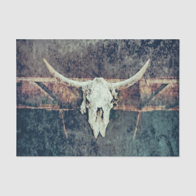 Western Kuh Skull Aquamarin Brown Grunge Textur Seidenpapier (Vorderseite)