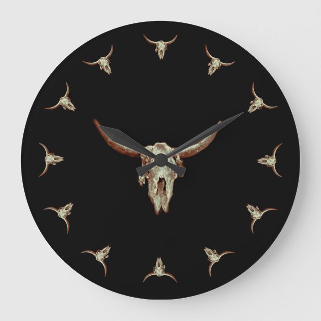 Western Kuh Skull Black Brown Land Rustikaler Stil Große Wanduhr (Vorderseite)