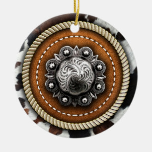 Western Kuhdruckbügel und Rustikaler Lederkoncho Keramik Ornament