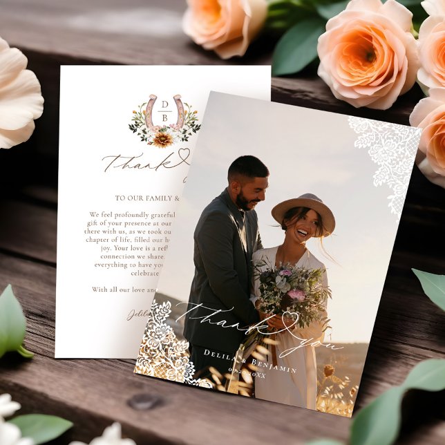 Western Lace Horseshoe Heart Script Wedding Foto Dankeskarte (Western Lace Horseshoe Heart Script Wedding Photo Thank You Card)
