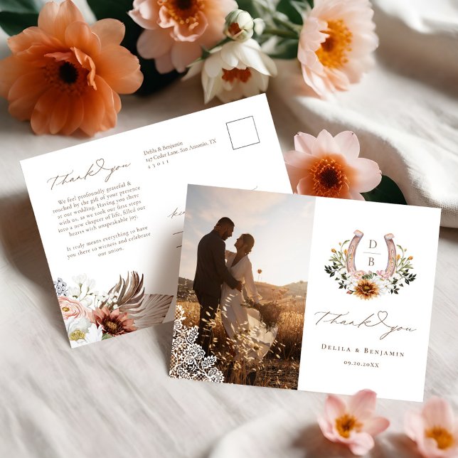 Western Lace Horseshoe Heart Script Wedding Foto Postkarte (Western Lace Horseshoe Heart Script Wedding Photo Postcard (Front & Back))