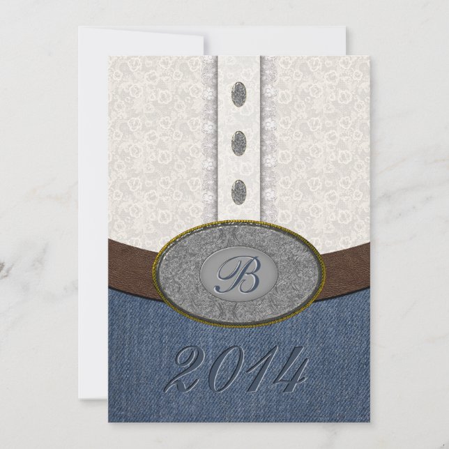 Western Lace und Denim Monogram Gürtelschnalle Gra Einladung (Vorderseite)