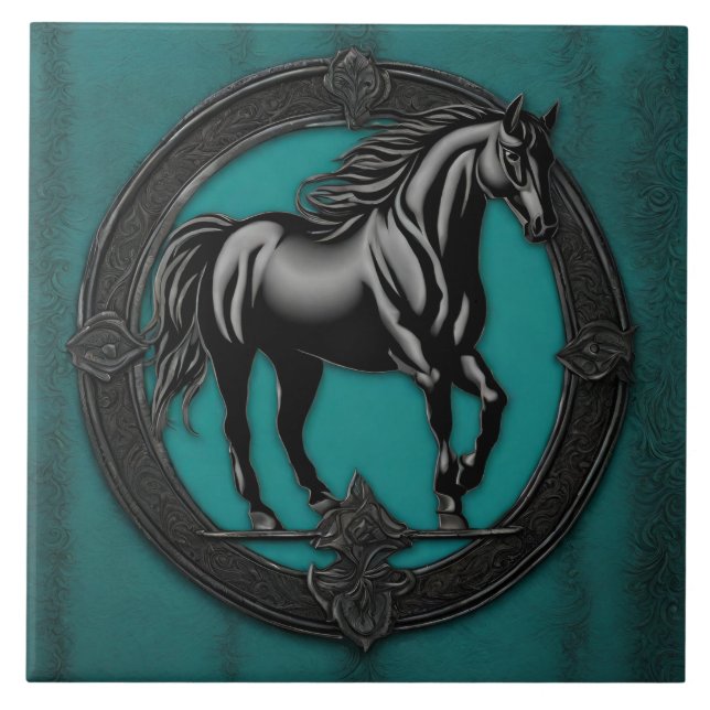 Western Land Reitpferd Aquamarin Fliese (Vorderseite)