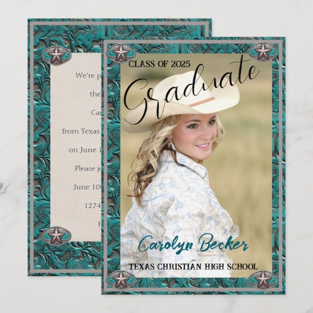 Western Leathe Cowgirl Photo Graduation Invitation (Devant / Derrière)