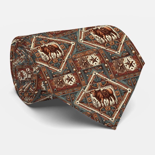 Western Leather Print Steer Bull Maroon Brown Krawatte (Gerollt)