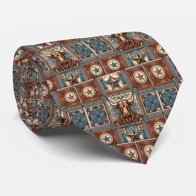 Western Leather Print Steer Bull Turquoise Brown Krawatte (Gerollt)