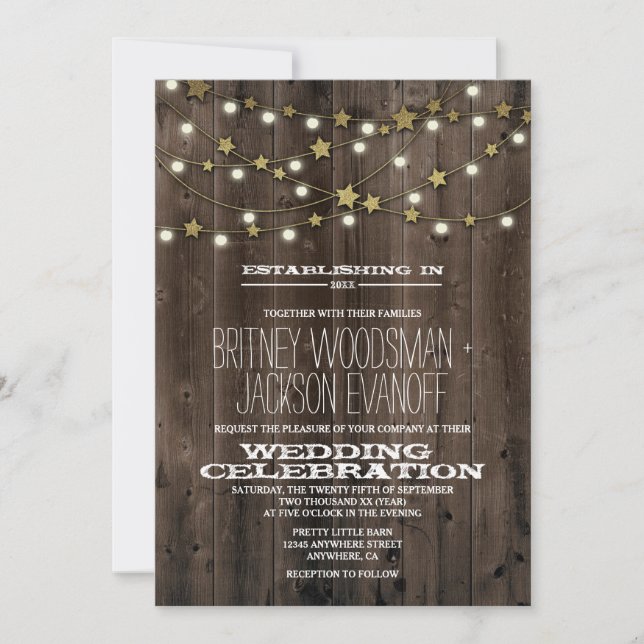 Western Lights Stars Barn Wood Wedding Einladungen (Vorderseite)