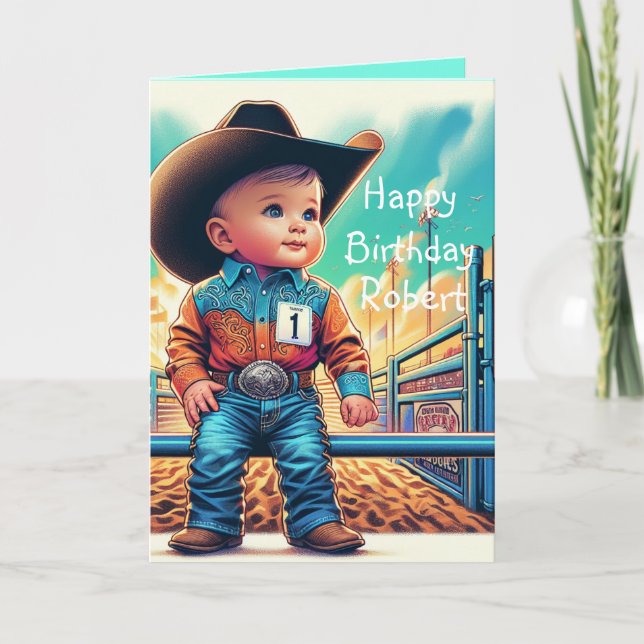 Western Little Cowboy Erstgeburt Rodeo Custom Karte (Vorderseite)