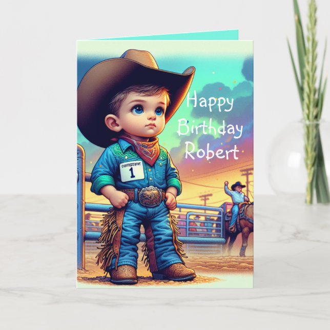 Western Little Cowboy Erstgeburt Rodeo Custom Karte (Vorderseite)