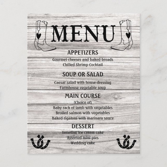 Western Menu Country Wedding Cowboy Boots Wood (Vorderseite)