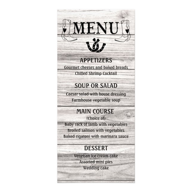 Western Menu Country Wedding Cowboy Boots Wood Werbekarte (Vorne)