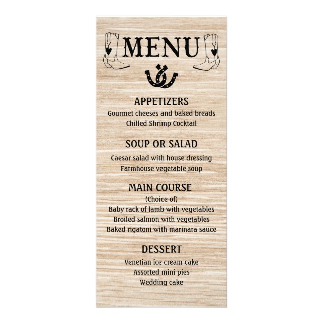Western Menu Country Wedding Cowboy Boots Wood Werbekarte (Vorne)