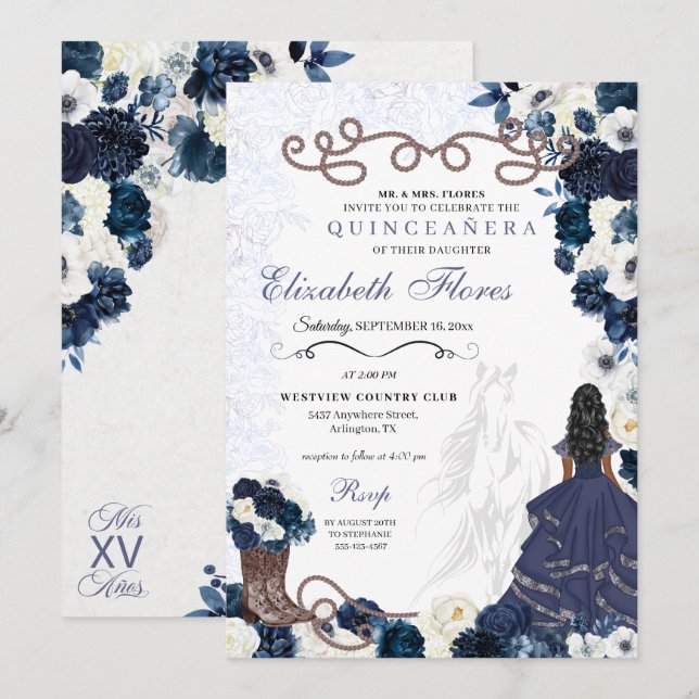 Western Navy Blue Princess Charra Quinceañera Einladung (Vorne/Hinten)
