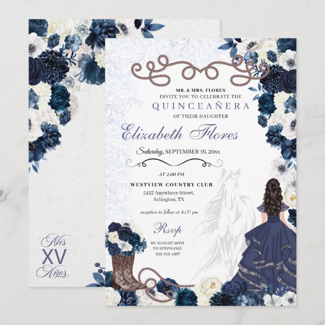 Western Navy Blue Princess Charra Quinceañera Einladung (Vorne/Hinten)