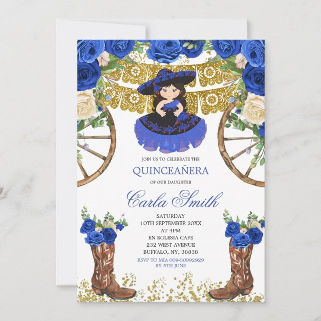 Western Navy Blue und Gold Charra 15 Anos Einladung (Vorderseite)