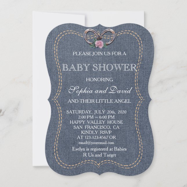 Western Old Denim Horseshoes BABY SHOWER Einladung (Vorderseite)