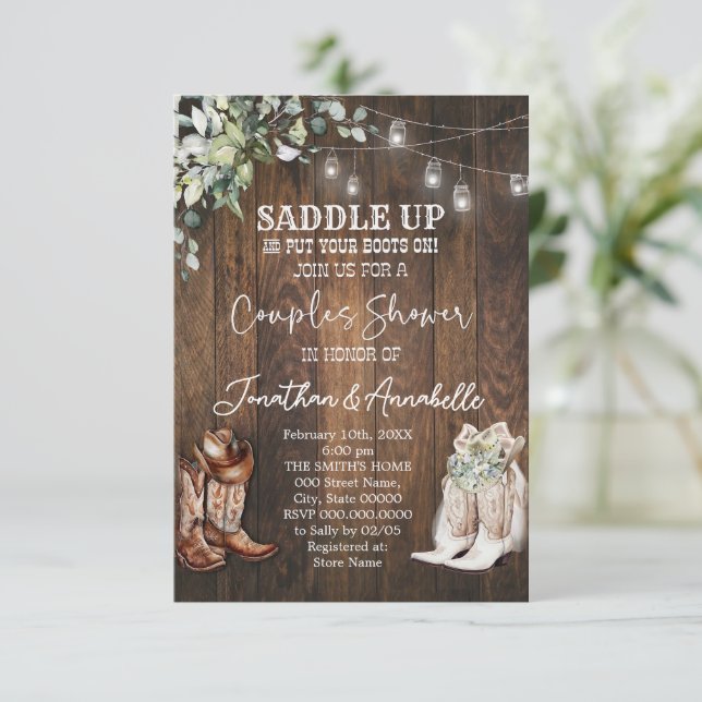 Western Paare Dusche Einladung, rustikaler Cowboy RSVP Karte (Stehend Vorderseite)