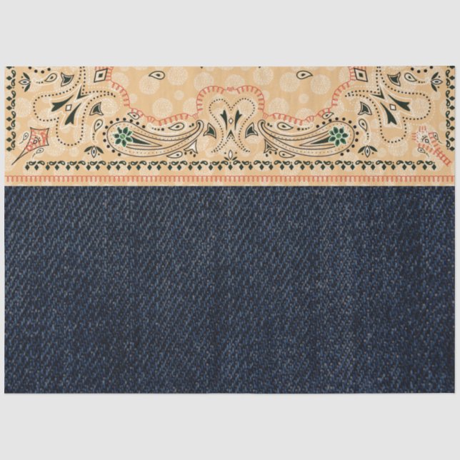 Western Paisley Gold Bandana Print Denim Decoupage Seidenpapier (Vorderseite)