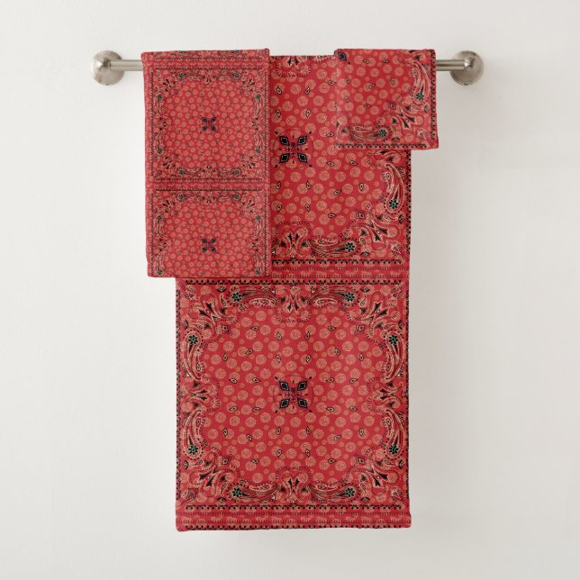 Western Paisley Red Bandana Print Badhandtuch Set (Insitu)