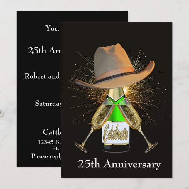 Western Party Champagner und Cowboyhut nach Maß Einladung (Vorne/Hinten)