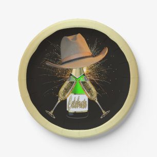 Western Party Cowboy Hat Champagne Feuerwerk Platt Pappteller