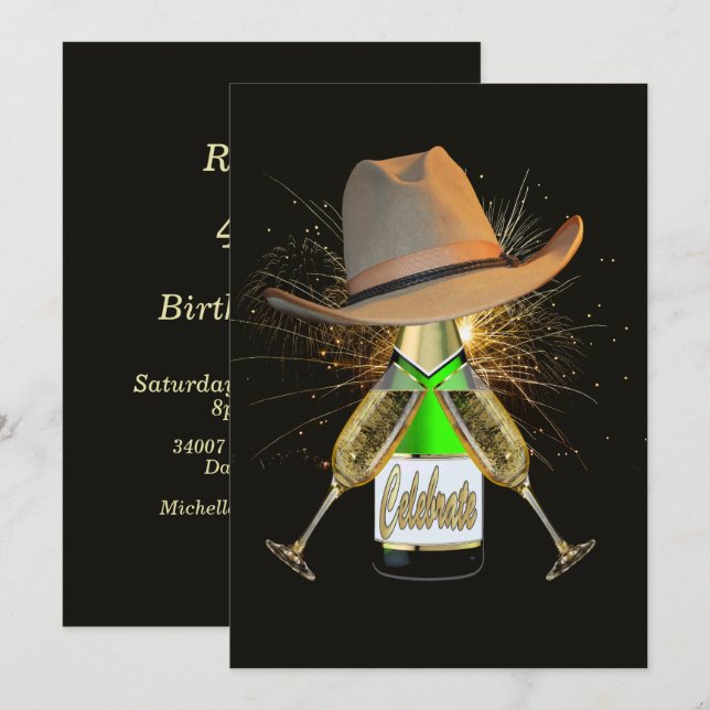 Western Party Cowboy Hat Champagne Fireworks Invit Einladung (Vorne/Hinten)