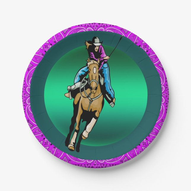 Western Party Cowgirl Reiten Pferd Lila Bandana Pappteller (Vorderseite)