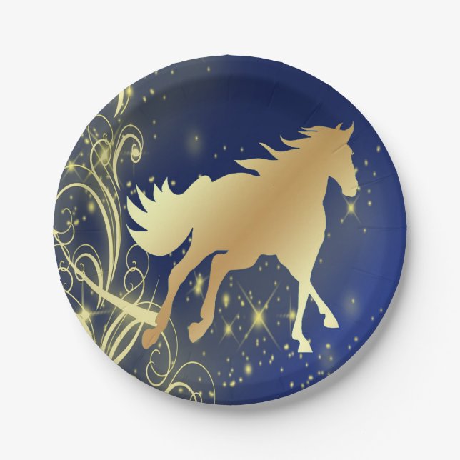 Western Party Gold Pferd auf blauen Tellern Pappteller (Vorderseite)