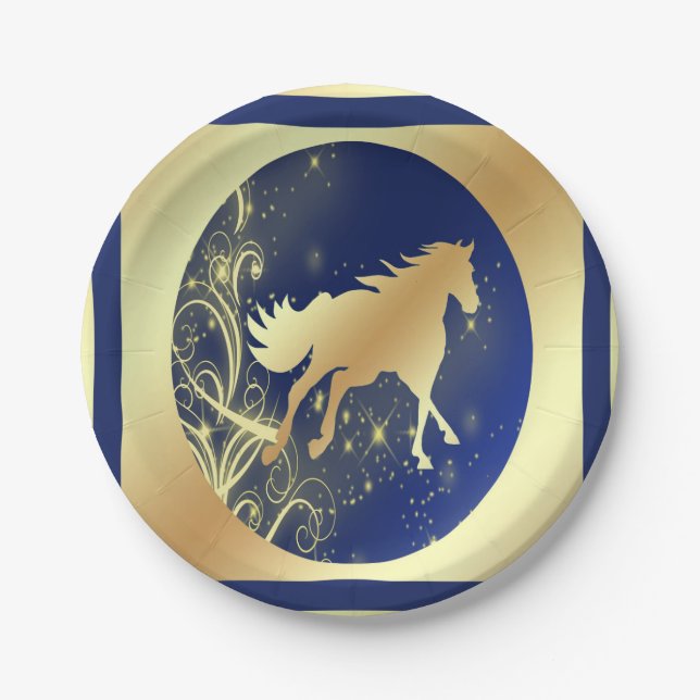Western Party Gold Pferd auf Blue and Gold Teller (Vorderseite)