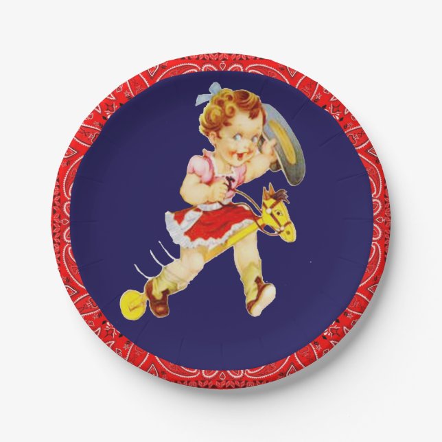 Western Party Kleines Cowgirl auf Stick Pferd Pappteller (Vorderseite)