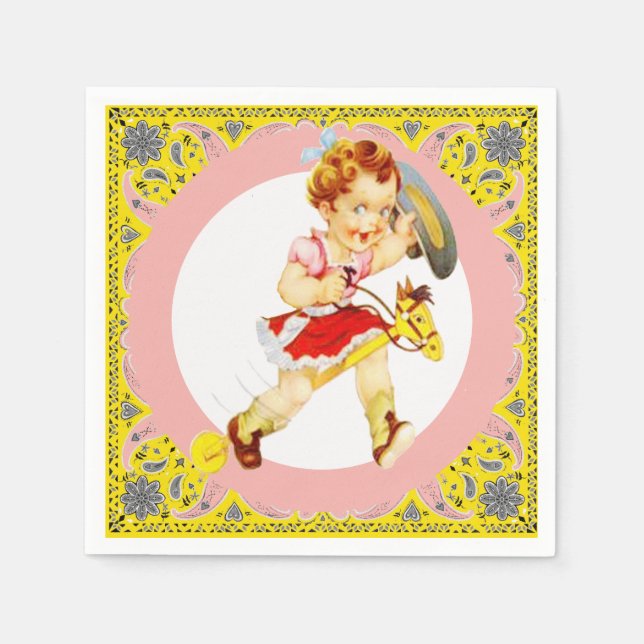 Western Party Kleines Cowgirl auf Stick Pferd Serviette (Vorderseite)